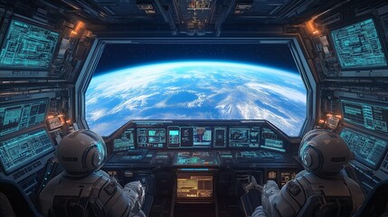 Astronauts viewing Earth from spaceship cockpit, futuristic space exploration concept, ideal for scifi themes and educational material