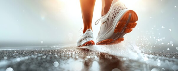 Woman with running shoes, white background, fitness activity