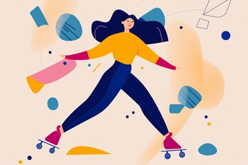 A woman roller skating joyfully through a colorful abstract background in a playful summer atmosphere