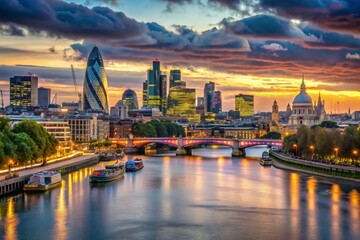 Naklejka premium Stunning Architectural View of London from Golden Jubilee Bridge with Financial District and Waterloo Bridge in Focus