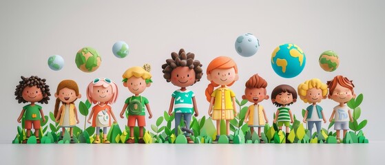 Fototapeta premium Diverse Children and Planetary Elements in Playful Scene