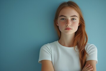 Obraz premium Confident Young Woman with Freckles Against Blue Background