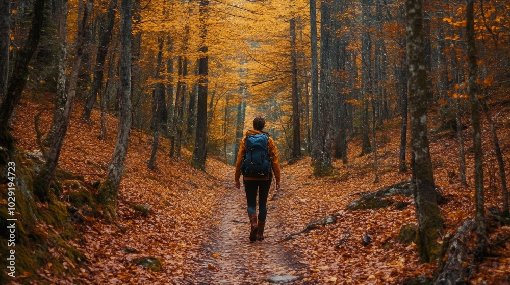 Poster a person wearing a backpack strolls down a forest path covered in orange and brown leaves. the trees