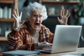 Elderly woman expressing frustration using computer for technology support in home office environment