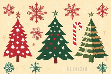 Obraz premium Seamless pattern, A cheerful holiday-themed illustration featuring three stylized Christmas trees in red and green adorned with stars and ornaments.