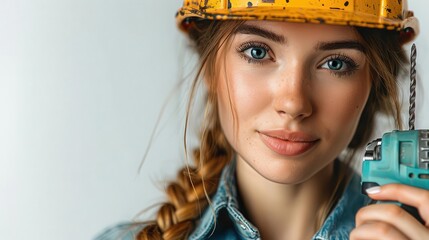 Woman with power drill, white background, home project - Powered by Adobe