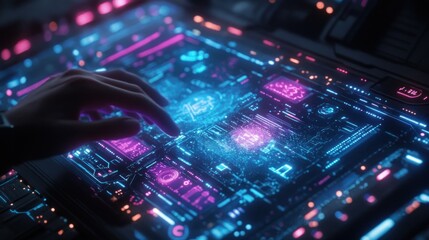 Fototapeta premium A hand interacts with a futuristic glowing interface, displaying digital data and information.