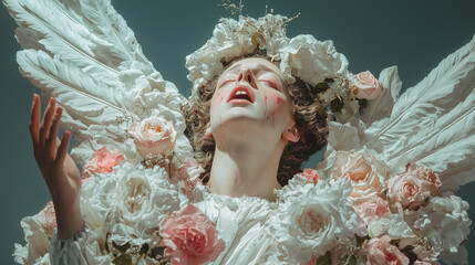 Angelic Figure Adorned with White Roses and Feathers