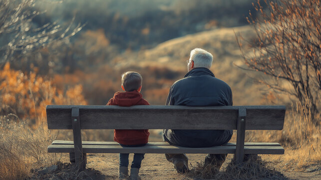 old man and little boy sitten in a wooden bench talking each to other and looking at the nature