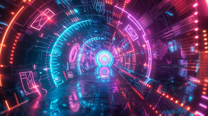 A glowing neon tunnel filled with futuristic geometric symbols and digital elements, creating a vibrant, cyberpunk atmosphere.  
