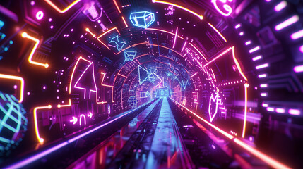 Fototapeta premium A glowing neon tunnel filled with futuristic geometric symbols and digital elements, creating a vibrant, cyberpunk atmosphere. 