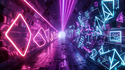 Obraz premium A glowing neon tunnel filled with futuristic geometric symbols and digital elements, creating a vibrant, cyberpunk atmosphere. 