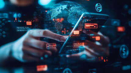 A person engaging with a smartphone while digital icons and a globe are projected in a dark environment, reflecting technology and connectivity
