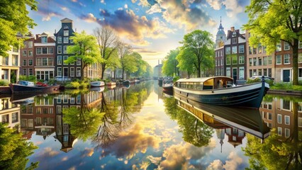 Fototapeta premium Amsterdam Canal Dreams: Captivating Double Exposure of Boats and Cityscape