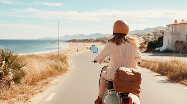 A woman enjoys a scenic ride on her scooter along the coastline with mountains in the background during a sunny day