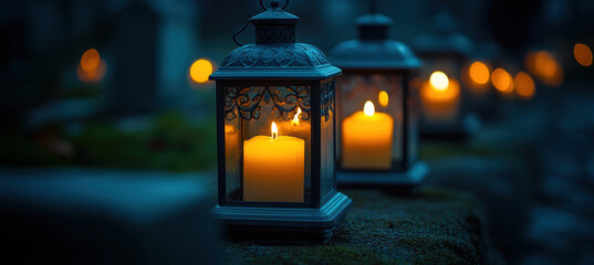 Lanterns with Burning Candles on the Cemetery Ground