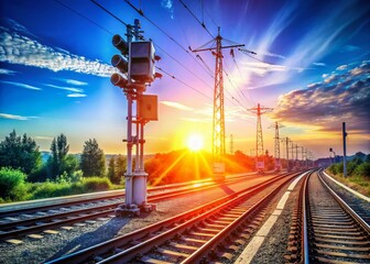 Antenna Mast Communication System for Electric Trains with Lens Flare on Blue Background