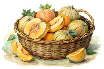 Watercolor hand drawn Lots of Cantaloupe on white background