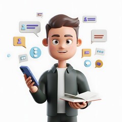 3D illustration of a character holding a smartphone, surrounded by colorful social media icons and communication symbols, set against a solid white background. Ideal for digital communication