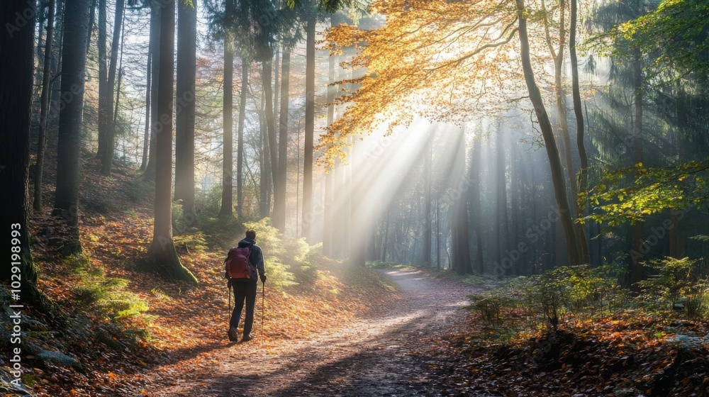 Poster a solitary hiker journeys along a winding path in a tranquil forest. sunlight beams through the tree
