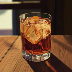 Stylized Godfather Cocktail with Ice and Orange Peel in Elegant Crystal Glass - Cartoon Art