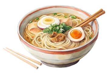 Watercolor hand drawn ramen noodles on a white background
