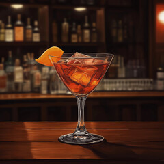 Anime-Style Godfather Cocktail with Ice and Orange Garnish in Low-Light Bar Setting