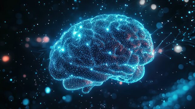 A glowing, digital representation of a human brain with connected nodes and a bokeh effect.