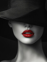 black and white portrait of a beautiful woman in a black hat that covers her face, only her red lips are visible
