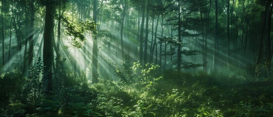 Obraz premium Serene Forest with Sunlight Rays Through Trees