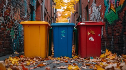 Obraz premium Colorful Trash Bins in a Narrow Alleyway
