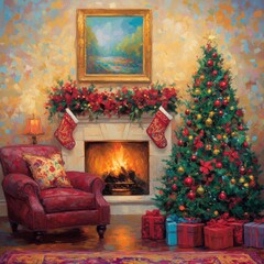 Fototapeta premium Rustic Traditional Christmas Tree in Cozy Living Room