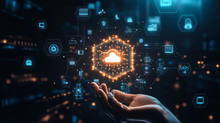 A hand reaches out towards glowing digital icons representing data security and technology in a futuristic setting