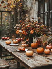 Rich harvest of pumpkins and apples, lying on a rustic wooden table, with a vase full of autumn flowers in a patio or winter garden, lattice windows