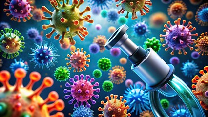Forced perspective colorful viruses and bacteria seen through a microscope