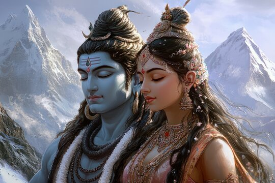 A mystical portrayal of Lord Shiva and Goddess Parvati together on Mount Kailash, surrounded by snow-capped mountains, radiating divine love and balance