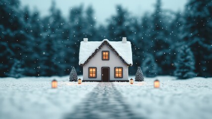 Fototapeta premium A cozy house in a snowy landscape, illuminated warmly, surrounded by trees and lanterns, creating a serene winter atmosphere.