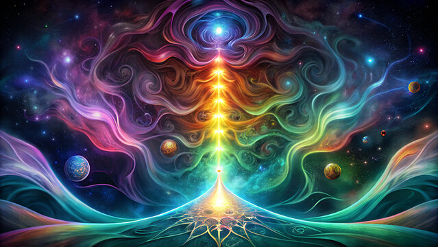 A vibrant cosmic illustration depicting a chakra system with colorful energy waves