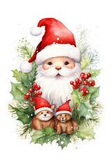 Obraz premium cute snowman with santa hat and mistletoes in foreground on white background illustrated watercolor 