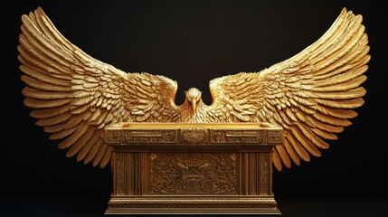 A golden ark of the covenant with outstretched wings.