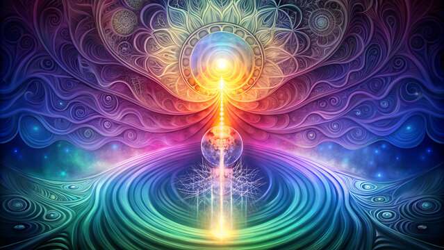 Abstract colorful spiritual energy representation with mandala pattern and light effect