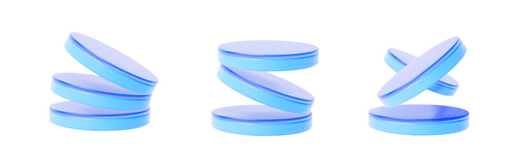 3D set blue of podium elements made of multiple cylinders. Abstraction for cosmetic and digital products.