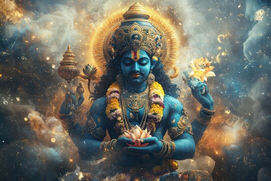 A powerful poster of Lord Vishnu, surrounded by celestial elements, holding his traditional symbols like the conch, disc, and lotus, with vibrant blues and golds to represent divine protection