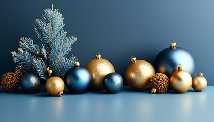 Modern Christmas background with matte blue and gold decorations for modern designs