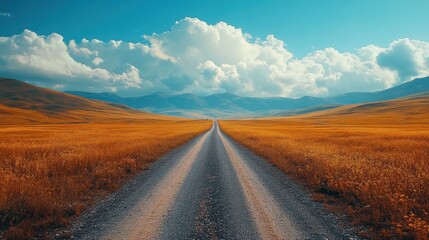 Endless Dirt Road through Expansive Field, winding pathway leading into horizon, surrounded by lush greenery and open skies