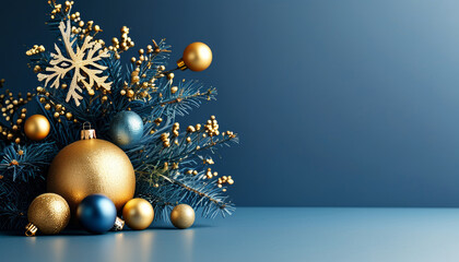 Modern Christmas background with matte blue and gold decorations for modern designs