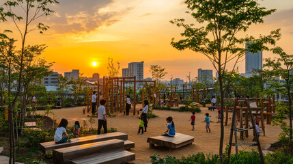 Children play on swings and slides while families gather on benches, enjoying a vibrant sunset over the city skyline in a serene park atmosphere.