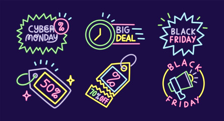 Neon retro style Black Friday Cyber Monday promo icons for ecommerce sales