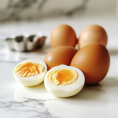 Fresh brown eggs and boiled eggs on marble surface create delightful scene