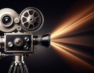 Cámara de cine antigua vintage con un haz de luz proyectado sobre fondo negro